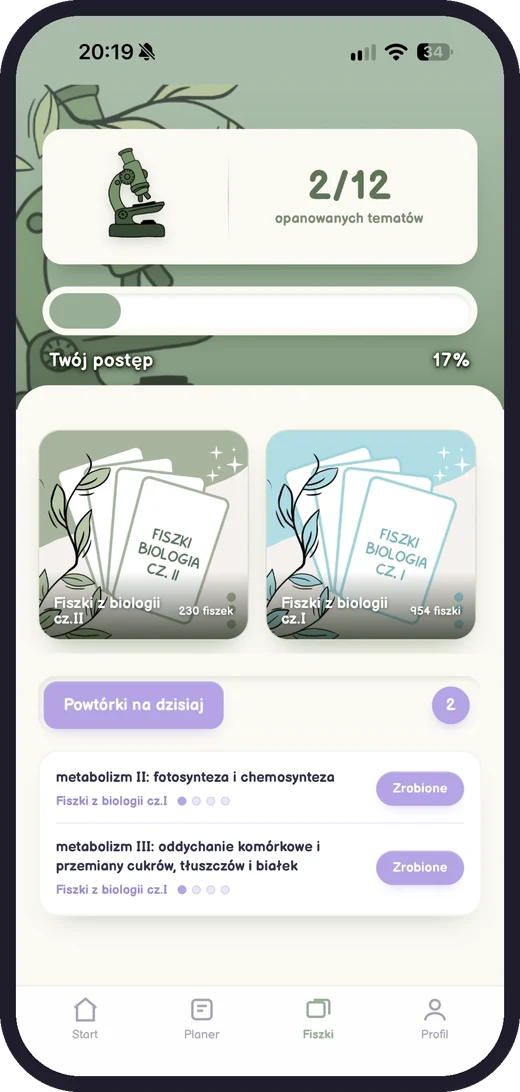 Fiszki z biologii w aplikacji: opanowane tematy i powtórki