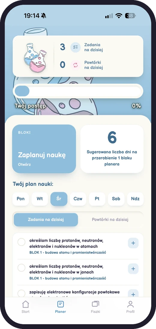 Planer z chemii w aplikacji: zadania i powtórki na dzisiaj